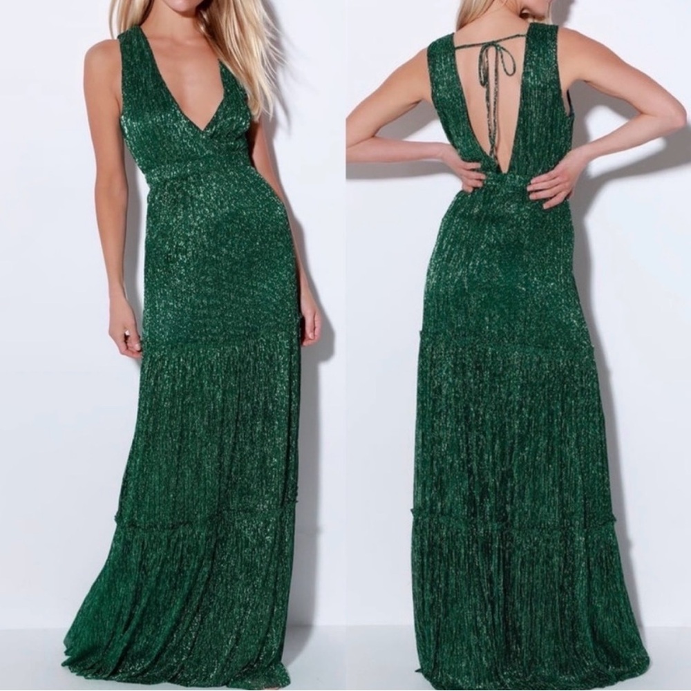 NWT Lulus Falling Star Gown Floor Length Dress XL Emerald Green Metallic Maxi